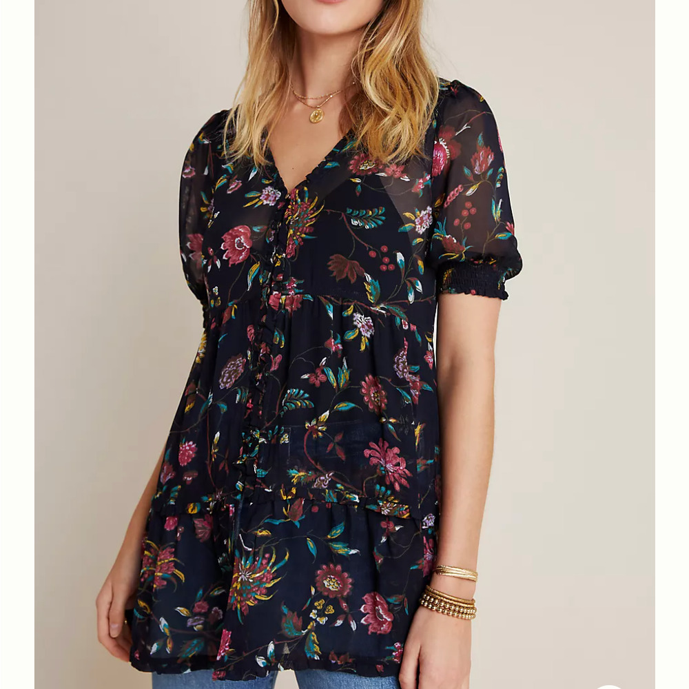 Anthropologie Floral Salzburg Sheer Tunic Blouse